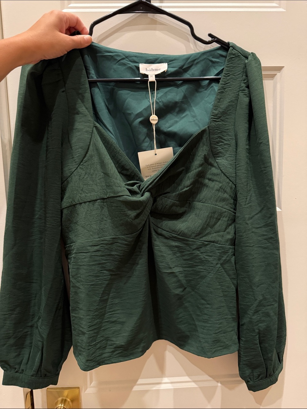 bohme Green Twist-Front Peplum Long Sleeve Blouse NWT